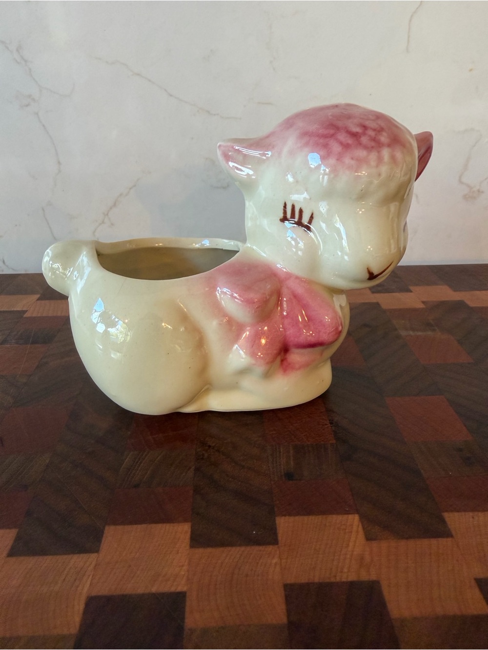 Source Unknown Cream and Pink Ceramic Lamb Planter